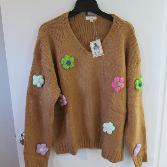 easel Sweaters - 🌸🪶☮️Easel Daisy Flower Appliqué Knit Sweater Pullover NWT